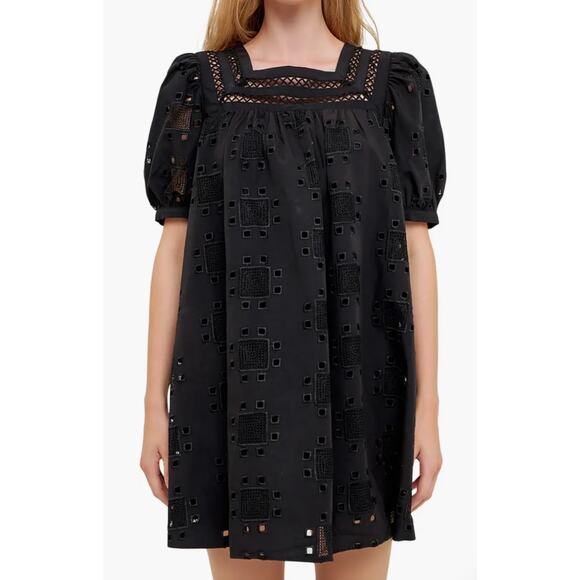 English Factory Embroidered Cotton Eyelet Shift Dress In Black Size‎ XS - Picture 3 of 12
